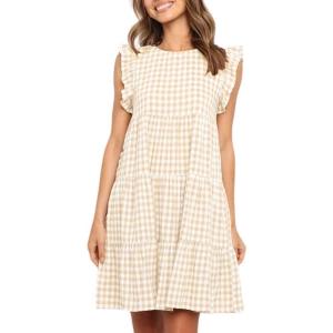 imagechouyatou Womens Summer Ruffle Puff Sleeve Babydoll Dress Cute Gingham Plaid Printed Tiered Midi DressKhaki
