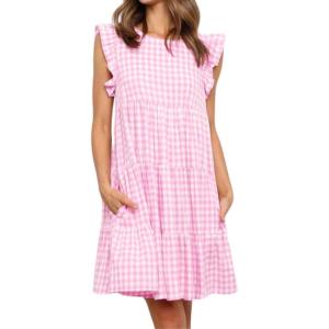 imagechouyatou Womens Summer Ruffle Puff Sleeve Babydoll Dress Cute Gingham Plaid Printed Tiered Midi DressLight Pink