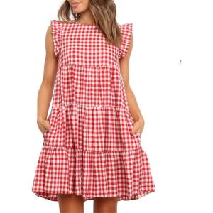 imagechouyatou Womens Summer Ruffle Puff Sleeve Babydoll Dress Cute Gingham Plaid Printed Tiered Midi DressRed
