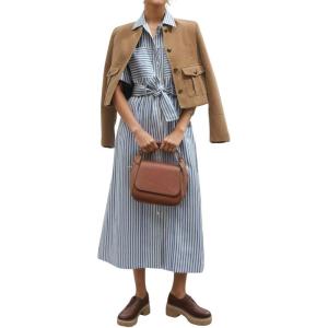 imagechouyatou Womens Summer Short Sleeve Belted Striped Shirt Dress Business Casual High Waist Midi Long Button Down DressBlue