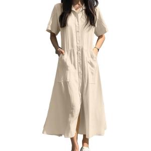 imagechouyatou Womens Summer Short Sleeve Button Down Shirt Dress ALine Flared Maxi Long Beach Casual DressLight Khaki