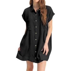 imagechouyatou Womens Summer Short Sleeve Cotton Dress Lapel Loose Fit Button Down Flowy Mini Short DressBlack