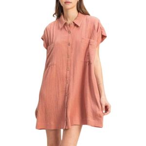 imagechouyatou Womens Summer Short Sleeve Cotton Dress Lapel Loose Fit Button Down Flowy Mini Short DressRed