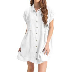 imagechouyatou Womens Summer Short Sleeve Cotton Dress Lapel Loose Fit Button Down Flowy Mini Short DressWhite