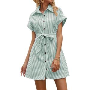 imagechouyatou Womens Summer Stripe Midi Long Shirt Dress Short Sleeve Button Down Tunic Dress with BeltGreen