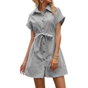 imagechouyatou Womens Summer Stripe Midi Long Shirt Dress Short Sleeve Button Down Tunic Dress with BeltGrey