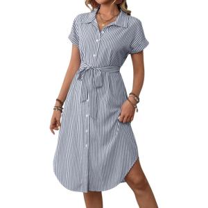 imagechouyatou Womens Summer Striped Button Down Shirt Dress Casual Loose Belted Midi Long Beach DressGrey