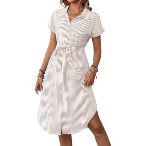 imagechouyatou Womens Summer Striped Button Down Shirt Dress Casual Loose Belted Midi Long Beach DressKhaki