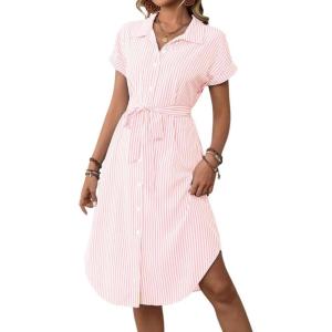 imagechouyatou Womens Summer Striped Button Down Shirt Dress Casual Loose Belted Midi Long Beach DressOrange Pink