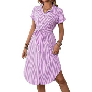 imagechouyatou Womens Summer Striped Button Down Shirt Dress Casual Loose Belted Midi Long Beach DressPurple