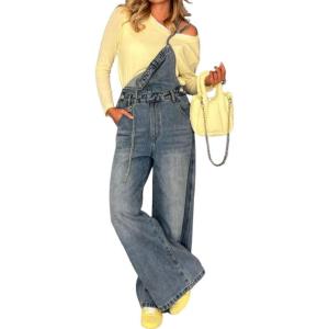 imagechouyatou Womens Tie Knot Strap Bib Denim Overall Casual Loose Wide Leg Barrel Jeans Pocketed JumpsuitsDenim Blue