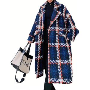 imagechouyatou Womens Tweed Double Breasted Wool Coat Plaid Notch Lapel Mid Long Peacoat Winter Trench CoatBlue