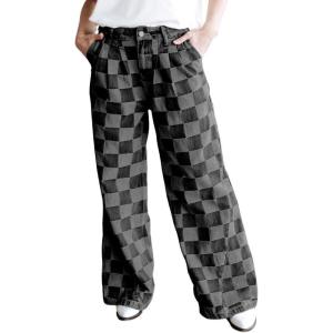 imagechouyatou Womens Vintage Checkered Barrel Jeans Boyfriend Baggy Jeans Plaid Wide Leg Denim Pants with PocketsBlack