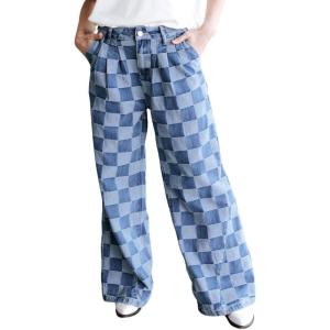 imagechouyatou Womens Vintage Checkered Barrel Jeans Boyfriend Baggy Jeans Plaid Wide Leg Denim Pants with PocketsBlue
