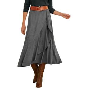 imagechouyatou Womens Vintage Corduroy Mermaid Skirt ALine Irregular Ruffle Hem Fishtail Midi Long SkirtGray