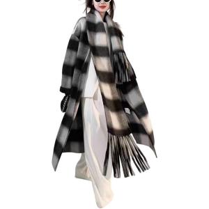 imagechouyatou Womens Vintage Plaid Wool Coat with Scarf Wool Blend Long Trench Pea Coat Outerwear OvercoatBlack