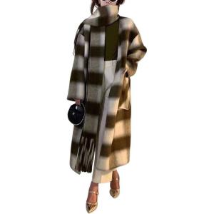 imagechouyatou Womens Vintage Plaid Wool Coat with Scarf Wool Blend Long Trench Pea Coat Outerwear OvercoatGreen