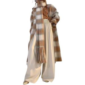 imagechouyatou Womens Vintage Plaid Wool Coat with Scarf Wool Blend Long Trench Pea Coat Outerwear OvercoatKhaki