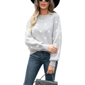 imagechouyatou Womens Vintage Polka Dot Pullover Sweaters Color Block Crewneck Casual Slouchy Sweater Jumper TopsGray