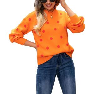 imagechouyatou Womens Vintage Polka Dot Pullover Sweaters Color Block Crewneck Casual Slouchy Sweater Jumper TopsOrange