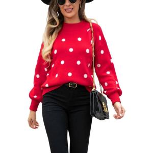 imagechouyatou Womens Vintage Polka Dot Pullover Sweaters Color Block Crewneck Casual Slouchy Sweater Jumper TopsRed