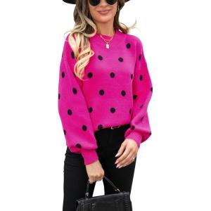 imagechouyatou Womens Vintage Polka Dot Pullover Sweaters Color Block Crewneck Casual Slouchy Sweater Jumper TopsRose Red