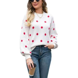 imagechouyatou Womens Vintage Polka Dot Pullover Sweaters Color Block Crewneck Casual Slouchy Sweater Jumper TopsWhite