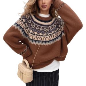 imagechouyatou Womens Warm Tribal Aztec Floral Sweater Top Crewneck Loose Fit Fair Isle Boho Knit SweatersBrown