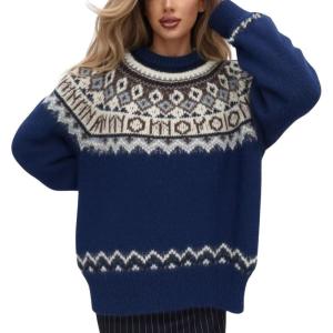 imagechouyatou Womens Warm Tribal Aztec Floral Sweater Top Crewneck Loose Fit Fair Isle Boho Knit SweatersDark Blue