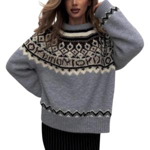 imagechouyatou Womens Warm Tribal Aztec Floral Sweater Top Crewneck Loose Fit Fair Isle Boho Knit SweatersGrey