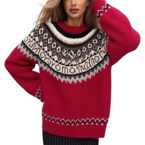 imagechouyatou Womens Warm Tribal Aztec Floral Sweater Top Crewneck Loose Fit Fair Isle Boho Knit SweatersRed