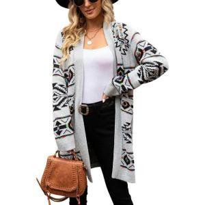 imagechouyatou Womens Western Aztec Print Open Front Long Cardigan Sweaters with PocketsGray