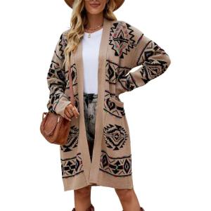 imagechouyatou Womens Western Aztec Print Open Front Long Cardigan Sweaters with PocketsKhaki