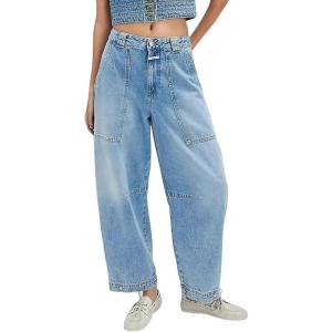 imagechouyatou Womens Wide Leg Barrel Jeans Button Fly High Waist Relax Fit Baggy Washed Denim Pants with PocketsLight Blue