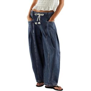 imagechouyatou Womens Wide Leg Drawstring Jeans Elastic Waist Baggy Jeans Boyfriend Loose Harem Denim Pants with PocketsDark Blue