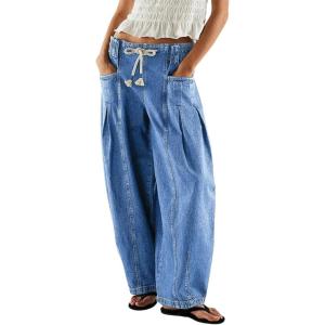 imagechouyatou Womens Wide Leg Drawstring Jeans Elastic Waist Baggy Jeans Boyfriend Loose Harem Denim Pants with PocketsLight Blue