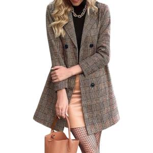 imagechouyatou Womens Winter A Line Notch Lapel Wool Blazer Jacket Coat Plaid Double Breasted Work PeacoatBrown