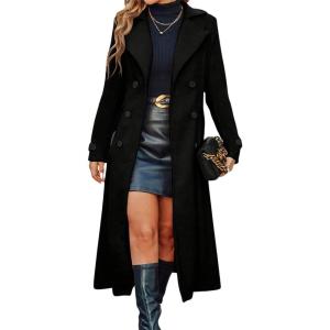 imagechouyatou Womens Winter Double Breasted Wool Coat Business Casual Long Sleeve Midi Long Winter Pea CoatBlack