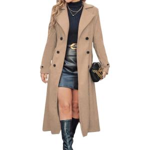 imagechouyatou Womens Winter Double Breasted Wool Coat Business Casual Long Sleeve Midi Long Winter Pea CoatCamel