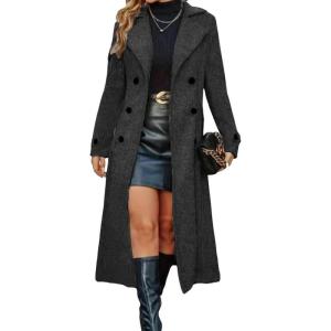 imagechouyatou Womens Winter Double Breasted Wool Coat Business Casual Long Sleeve Midi Long Winter Pea CoatDark Grey