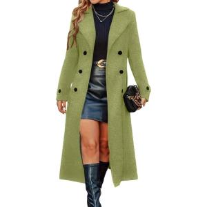 imagechouyatou Womens Winter Double Breasted Wool Coat Business Casual Long Sleeve Midi Long Winter Pea CoatGreen