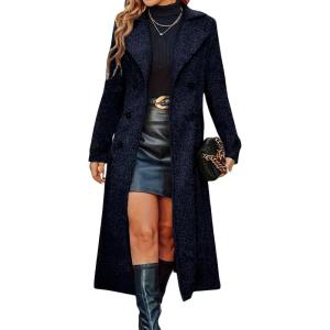 imagechouyatou Womens Winter Double Breasted Wool Coat Business Casual Long Sleeve Midi Long Winter Pea CoatNavy Blue