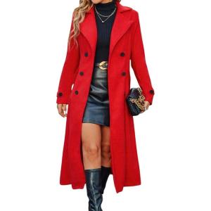 imagechouyatou Womens Winter Double Breasted Wool Coat Business Casual Long Sleeve Midi Long Winter Pea CoatRed