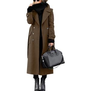 imagechouyatou Womens Winter Double Breasted Wool Coat Business Casual Long Winter Pea Coat with BeltBrown