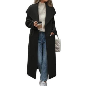 imagechouyatou Womens Winter Elegant Shawl Collar Wool Coat Open Front Business Casual Long Pea Coat OvercoatBlack