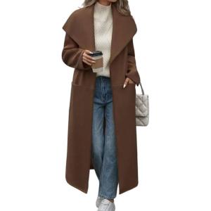imagechouyatou Womens Winter Elegant Shawl Collar Wool Coat Open Front Business Casual Long Pea Coat OvercoatCoffee