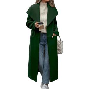 imagechouyatou Womens Winter Elegant Shawl Collar Wool Coat Open Front Business Casual Long Pea Coat OvercoatGreen