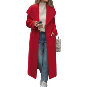 imagechouyatou Womens Winter Elegant Shawl Collar Wool Coat Open Front Business Casual Long Pea Coat OvercoatRed