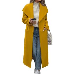 imagechouyatou Womens Winter Elegant Shawl Collar Wool Coat Open Front Business Casual Long Pea Coat OvercoatYellow