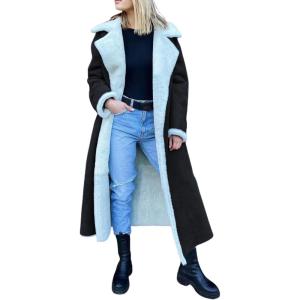 imagechouyatou Womens Winter Faux Suede Leather Long Trench Coat Notch Lapel Sherpa Lined Fleece OvercoatBlack